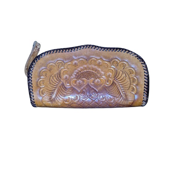 Vintage Western Floral Carved Hand Tooled Leather Patina Clutch Hand Bag Purse - Picture 5 of 5